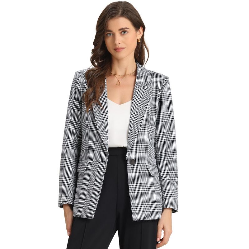 INSPIRE CHIC Women's Notched Lapel One Button Houndstooth Work Plaid Suit Blazer Black White 2 Large