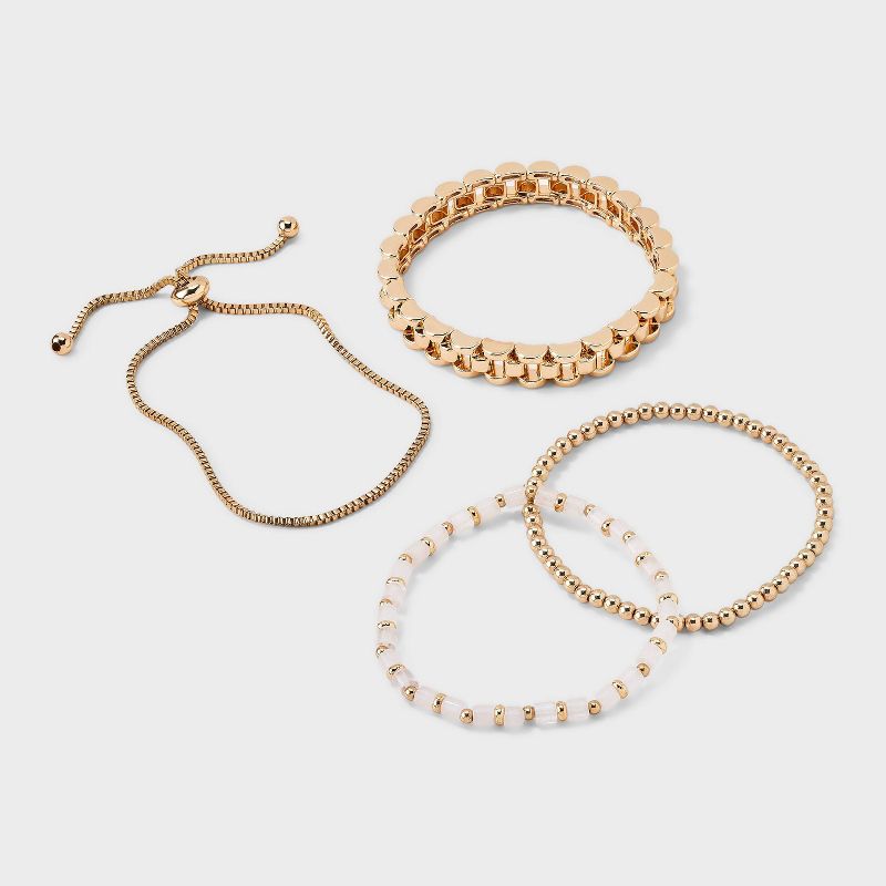 Mixed Bead and Chain Semi-Precious Rose Quartz Bracelet Set 4pc - Universal Thread™ Light Pink: Iron, Acrylic, Zinc Alloy