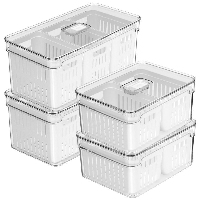 OU Fridge Organizer Bins with Drain Basket & Vented Lid, Clear Stackable Refrigerator Storage Container, Produce Kitchen Storage Bin, BPA Free