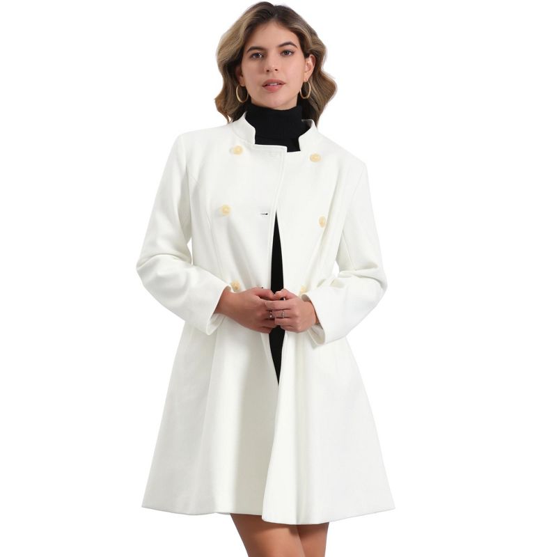 Allegra K Women's Stand Collar Double Breasted Pocket Long Sleeve Winter Coats Medium White