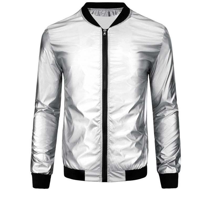 Lars Amadeus Men's Zipper Disco Holographic Bomber Jacket Silver X Large