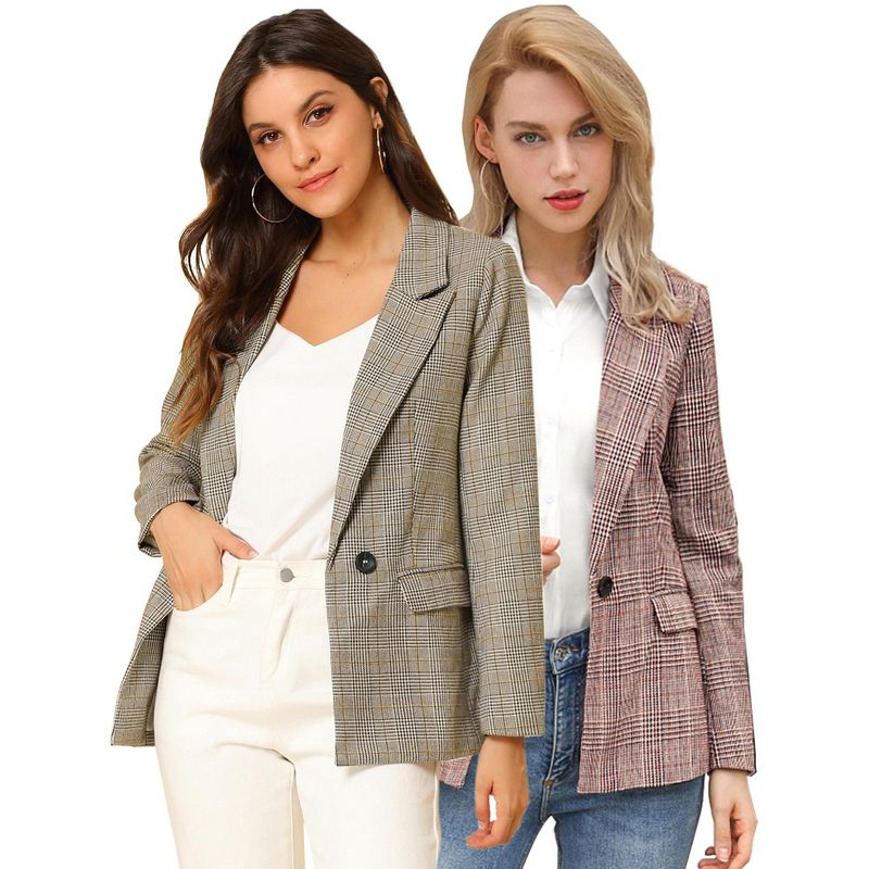 INSPIRE CHIC Women's Notched Lapel One Button Boyfriend Plaid Suit Blazer 2 Packs Burgundy/Light Coffee Small