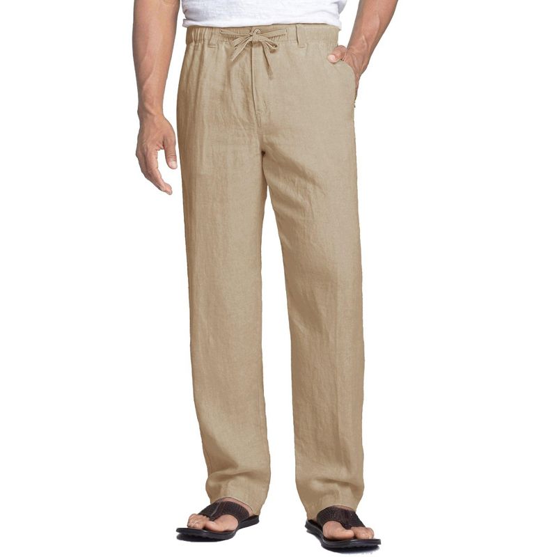 COOFANDY Men's Casual Linen Pants Elastic Waist Drawstring Beach Summer Pants Lightweight Linen Trousers Dark Khaki L