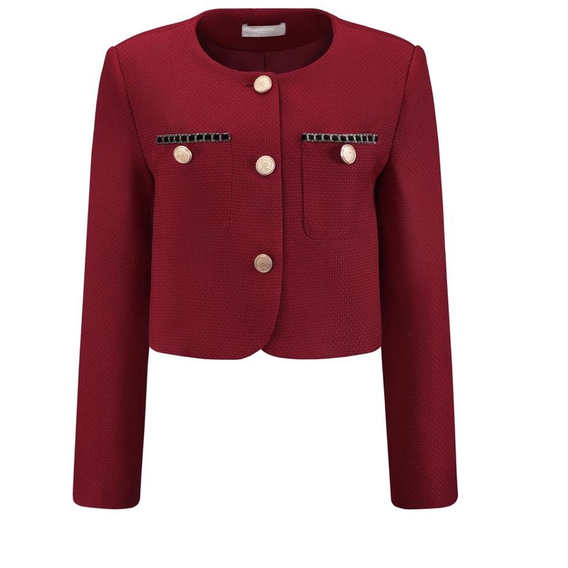 INSPIRE CHIC Women's Tweed Crewneck Button Down Long Sleeve Work Office Cropped Blazer Small Red