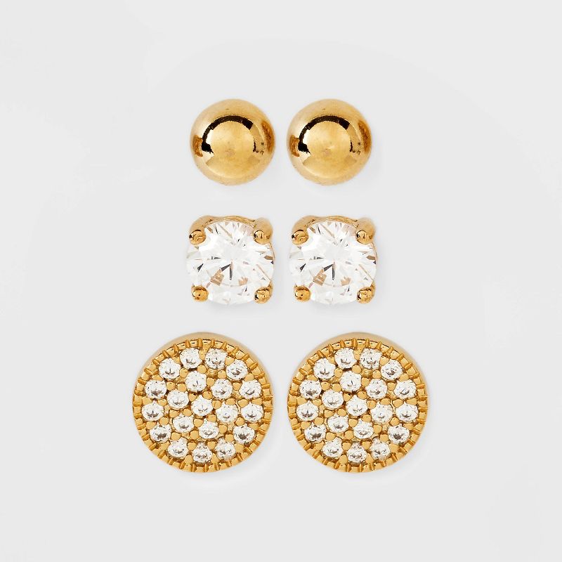 14K Gold Plated Cubic Zirconia Ball Pave Trio Stud Earring Set - A New Day™ Gold: Polished Basket Setting