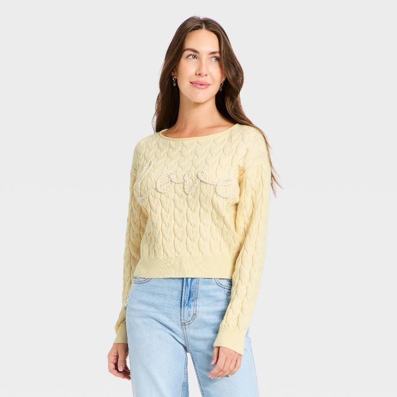 Women's Cozy Wide Crewneck Love Pullover Sweater - Universal Thread™ Cream XL