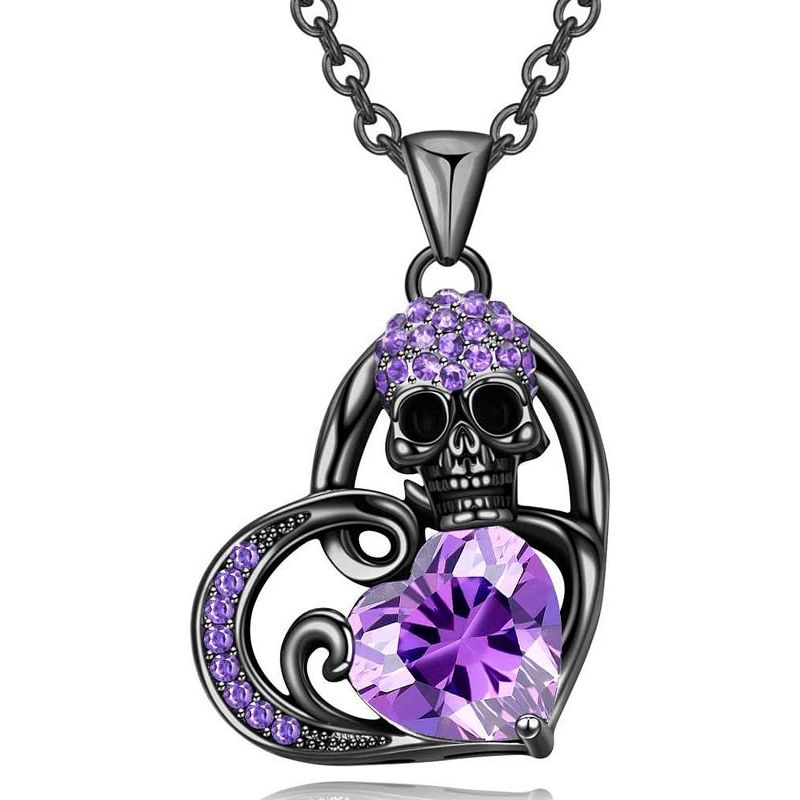 Gothic Skull Heart Pendant Necklace with Zircon Birthstone