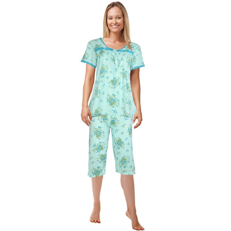 JEFFRICO Pajamas For Women Capri Set Sleepwear Soft Pajamas Short Sleeve Pajama Sleepshirt With Capri Pants Green, L