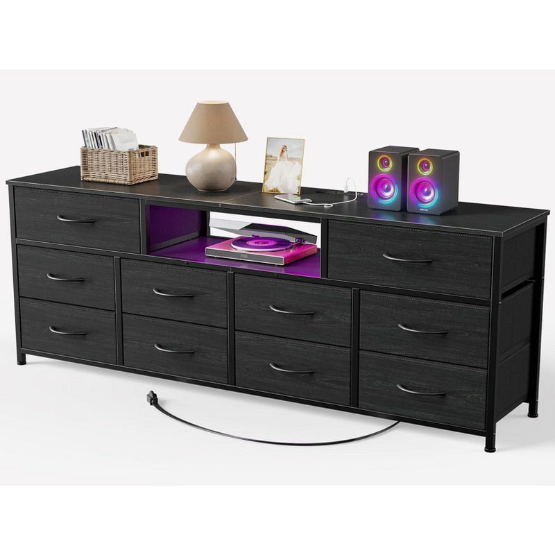 Black 10 Drawer Dresser TV Stand Media Console Power Outlets LED Lights 63 Inch Wide Storage Organizer For 75 Inch TV Bedroom Furniture Chest Unit