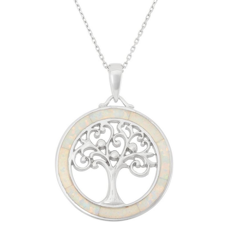 Opalata Sterling Silver White Inlay Opal Tree of Life 18" Pendant Necklace - White