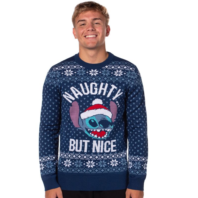 Disney Lilo And Stich Men's Naughty But Nice Ugly Christmas Holiday Knit Sweater Pullover (Large) Blue
