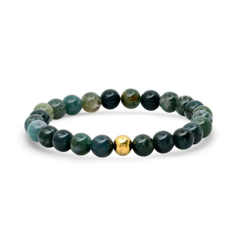 Steeltime Men's green agate and 18k gold plated stainless steel beaded bracelet