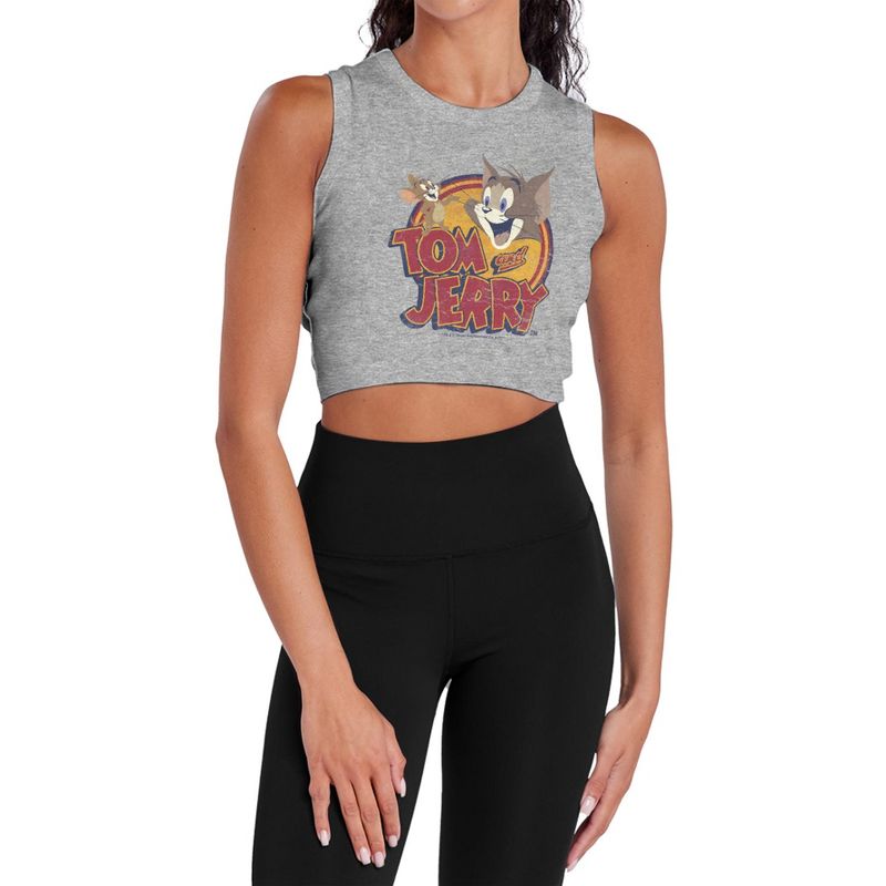 Women's Tom and Jerry Water Damaged Sleeveless Crop Top Tank Athletic Heather Large