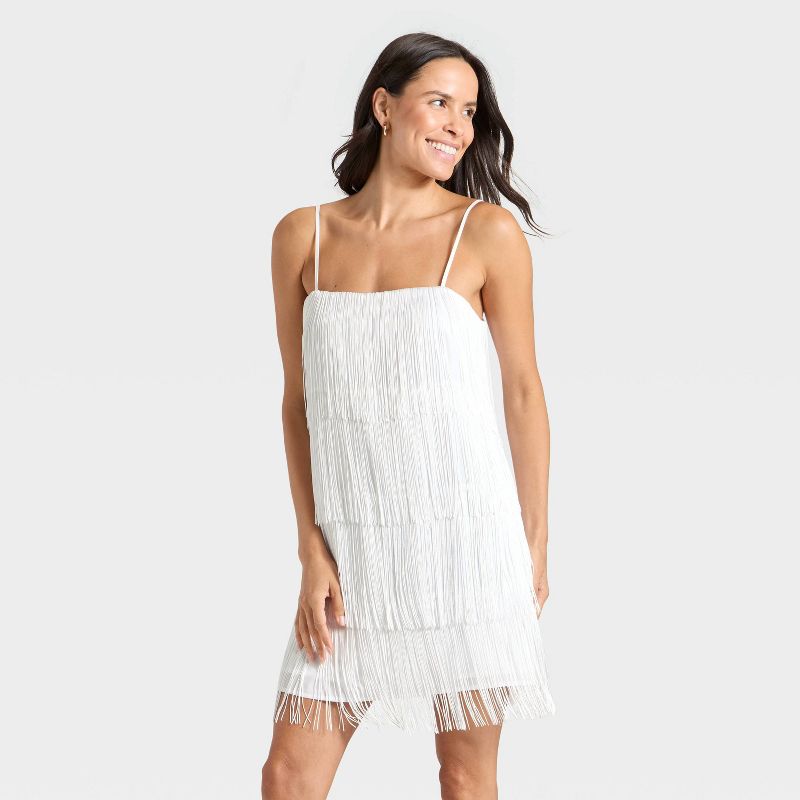 Women's Sleeveless Fringe Mini Dress - A New Day™ White M
