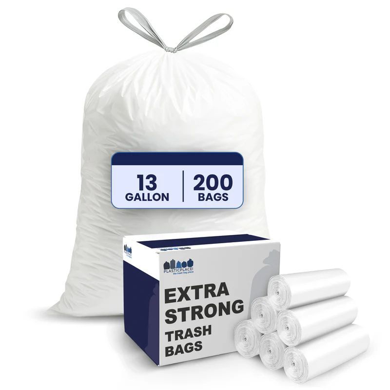 Plasticplace 13 Gallon Extra Tall Drawstring Kitchen Bags, 200 Count, White