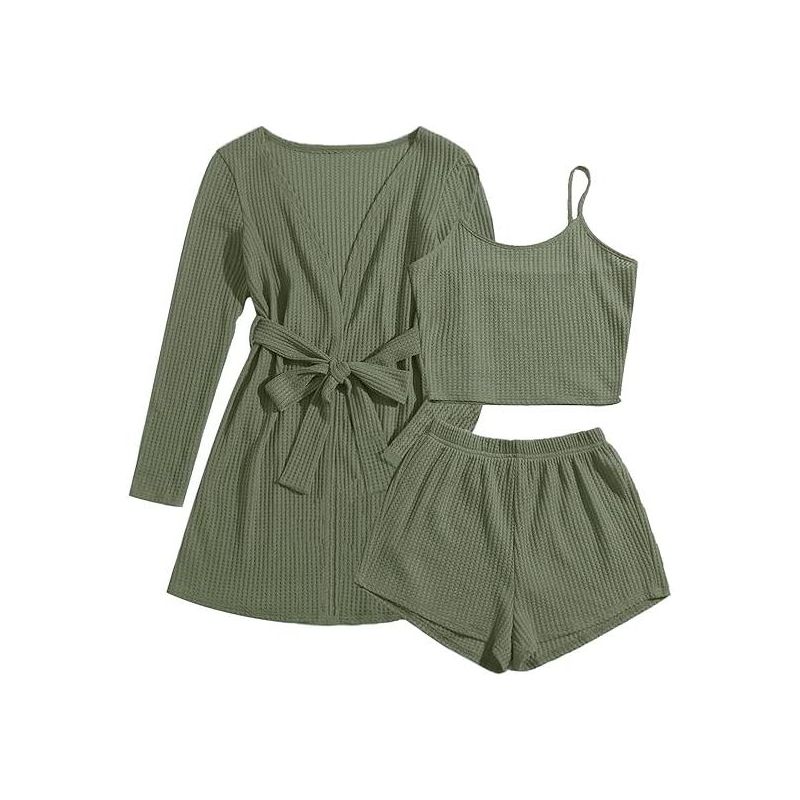 Ekouaer Pajamas for Women Set 3 Piece Lounge Set Soft Pajama Sets Waffle Knit Tank Top and Shorts Cardigan with Pockets Army Green M
