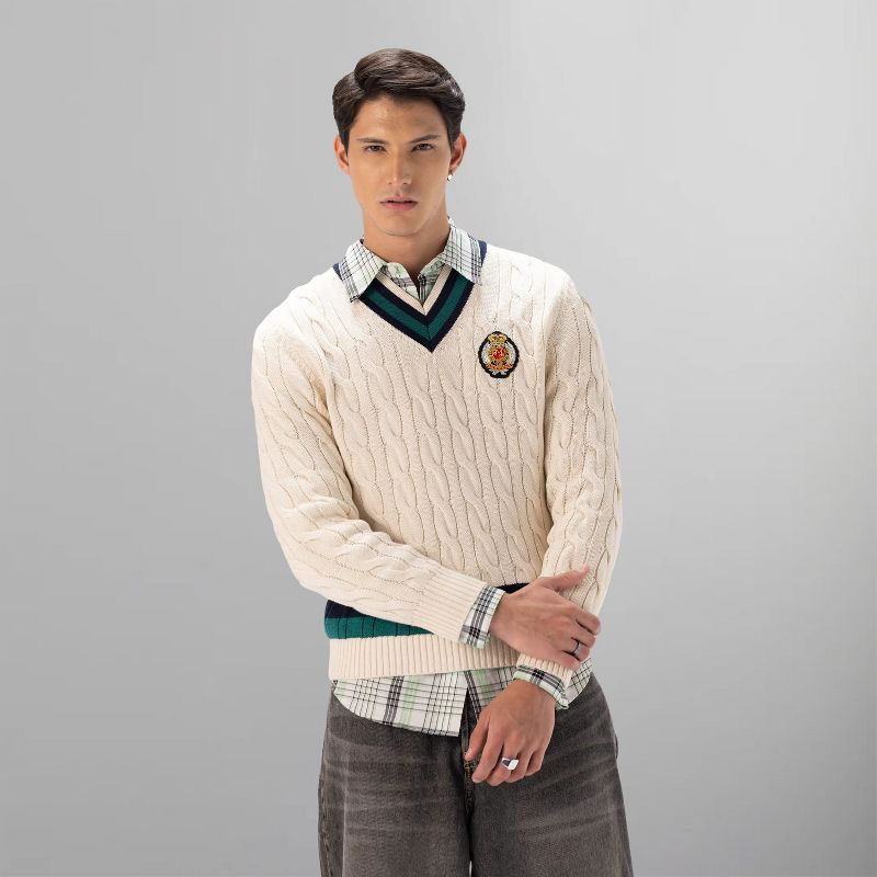 Men's Cable Knit Cricket Sweater - Off-White - Small
