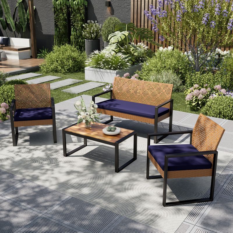 Captiva Designs Outdoor Patio 4 Pieces Wicker Porch Furniture Small Rattan Couch Set with Wood Table for Backyard Brown Rattan Navy Cushion