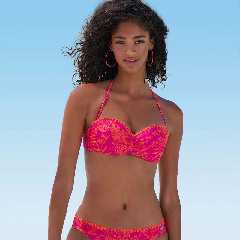 Women's Tropical Bandeau Bikini Swimsuit Top Bra Sizing - LASCANA - Orange Pink Floral 38DD