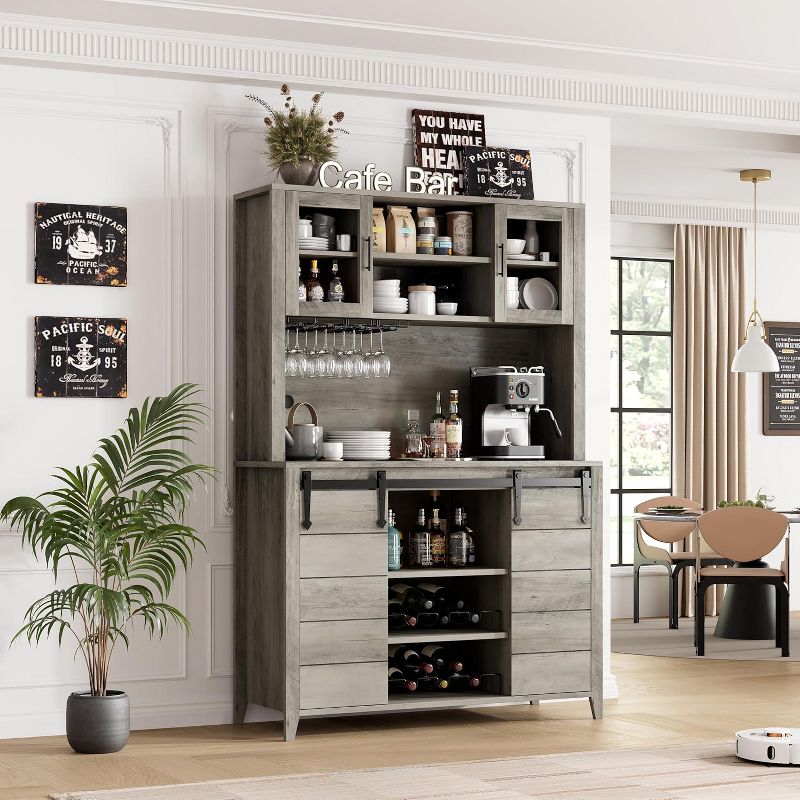 70'' Coffee Bar Cabinet with Storage Hutch and Cup Holder, Tall Kitchen Pantry Cabinet with Sliding Barn Doors, for Home Dining Room, Gray Oak