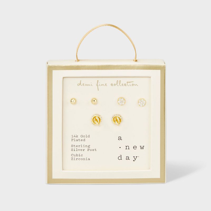 14K Gold Plated Ball Stud Cubic Zirconia Pave Disc and Knot Stud Earring Set 3pc - A New Day™ Gold: Brass, Nickel-Free