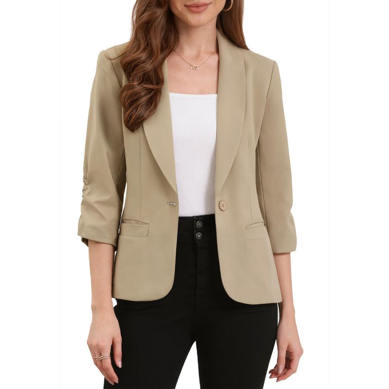 INSPIRE CHIC Women's 3/4 Sleeve Shawl Lapel Pocket Single Button Office Work Blazer Small Khaki