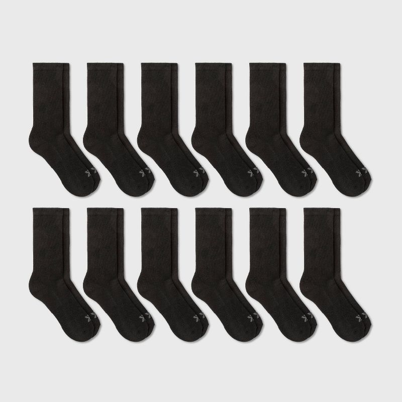 Men's Crew Cushion Socks 12pk - All In Motion™ Black 6-12: Recycled Polyester, Knit, Midweight Fabric