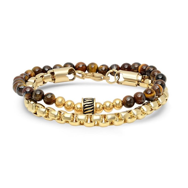 Steeltime Men's set of 2 18k gold plated stainless steel rounded box chain bracelet and tiger eye beaded bracelet