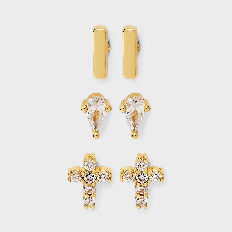 14K Gold Plated Cubic Zirconia Teardrop with Cross and Bar Flat Back Stud Earring Set 3pc - A New Day™ Gold