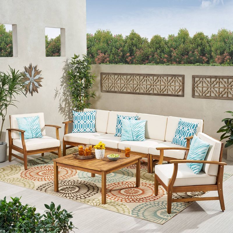 Perla 7pc Acacia Wood Sofa & Club Chair Set - Teak/Cream - Christopher Knight Home: Water-Resistant Outdoor Seating with Cushions