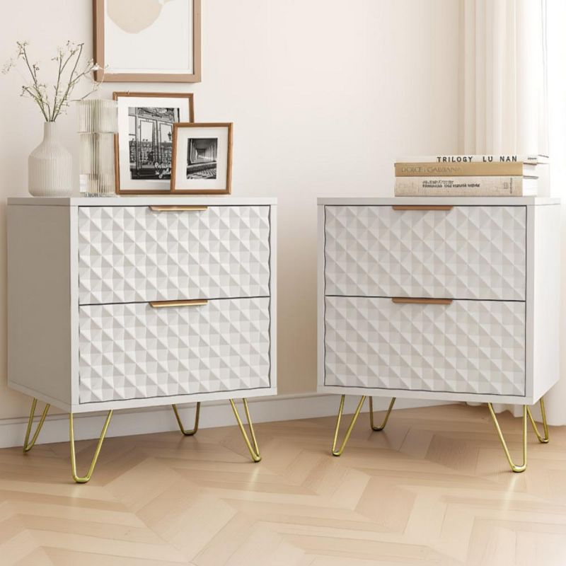 Resenkos 2 Drawer Bedroom Nightstand Set of 2 with Gold Metal Handle and Legs, White Bedside Table Diamond-White