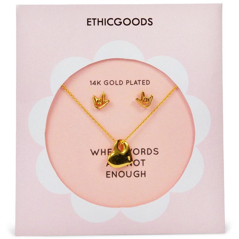 14K Gold Plated I Love You Stud Earrings and Necklace Set 2pc | ETHICGOODS