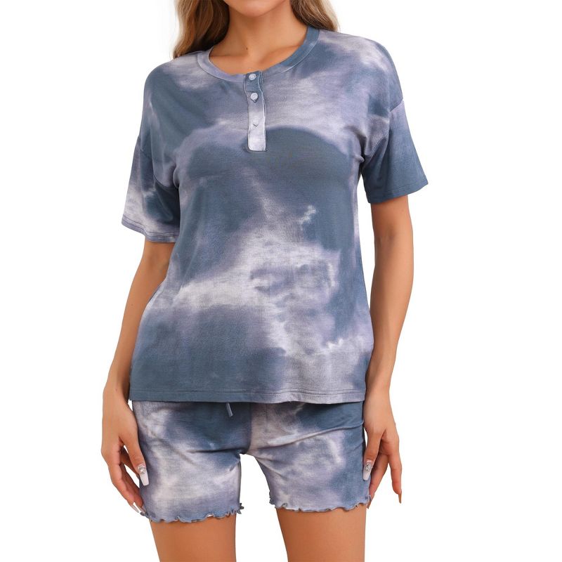 cheibear Women's Tie Dye Pajama Set Short Sleeve Shirt Round Neck 2 Piece Lounge Set Sweatsuit Blue X-Small