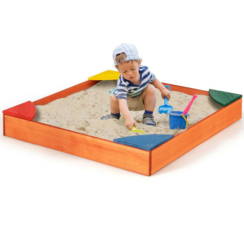 Costway Kids Wooden Backyard Sandbox W/ Built-in Corner Seating Kid's Outdoor Furniture