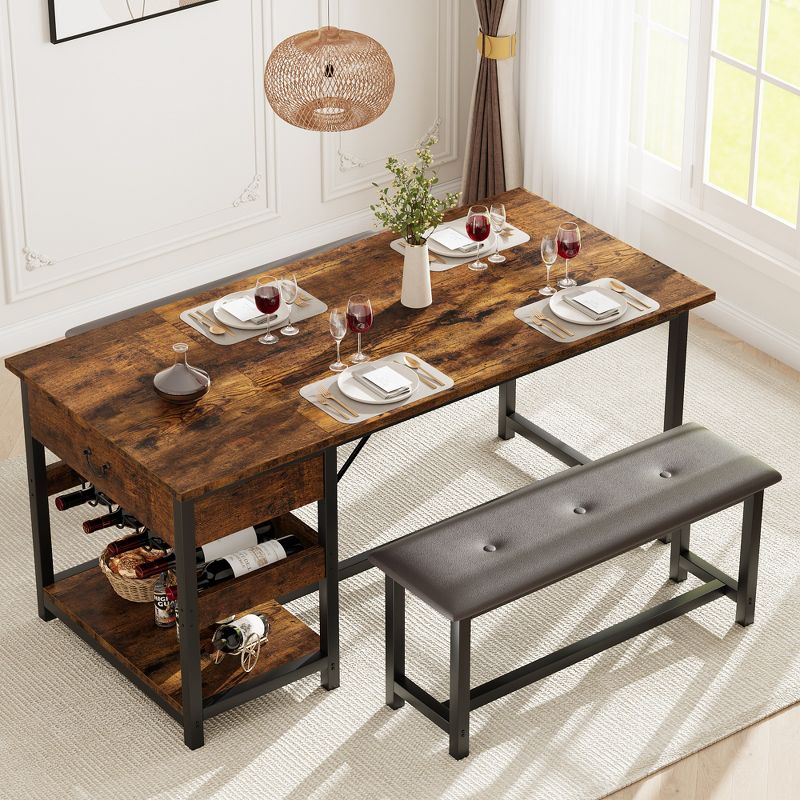 Dining Table Set for 4, Kitchen Table Set with Upholstered Benches, Dining Room Table with Storage Drawers & Wine Rack for Small Space-Retro Brown