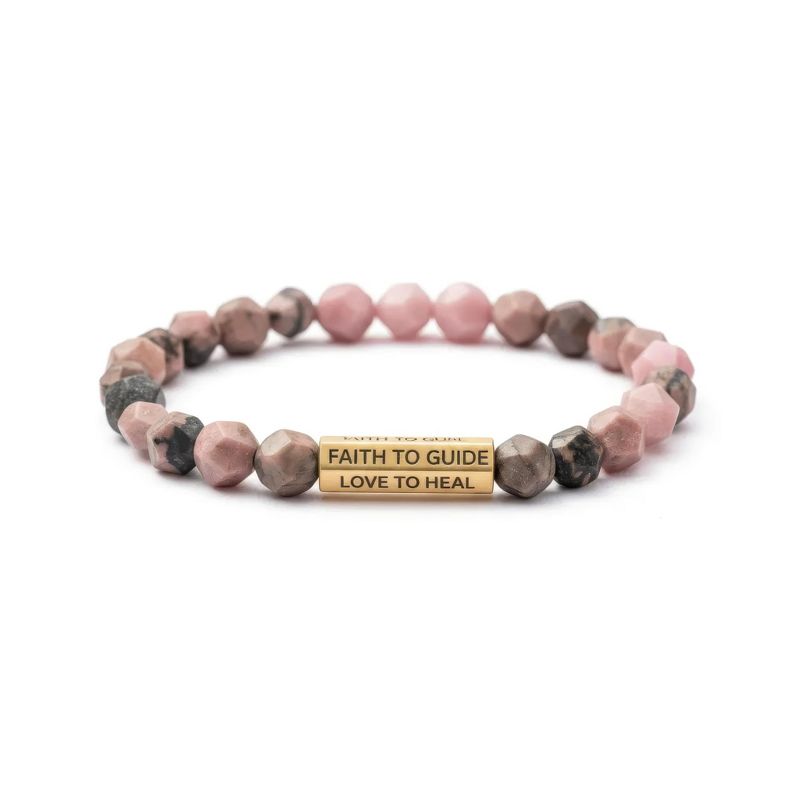HOPE LOVE SHINE Rhodonite Beaded Bracelet – Gold-Tone Affirmation Bar Stretch Bracelet Gift for Women
