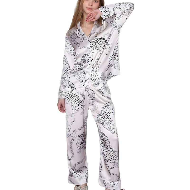 Anna-Kaci Lounge Women's Cheetah Print Woven Pajama Set with Long Sleeve Button Down Top and Relaxed Fit Straight Leg Pants - Small, White