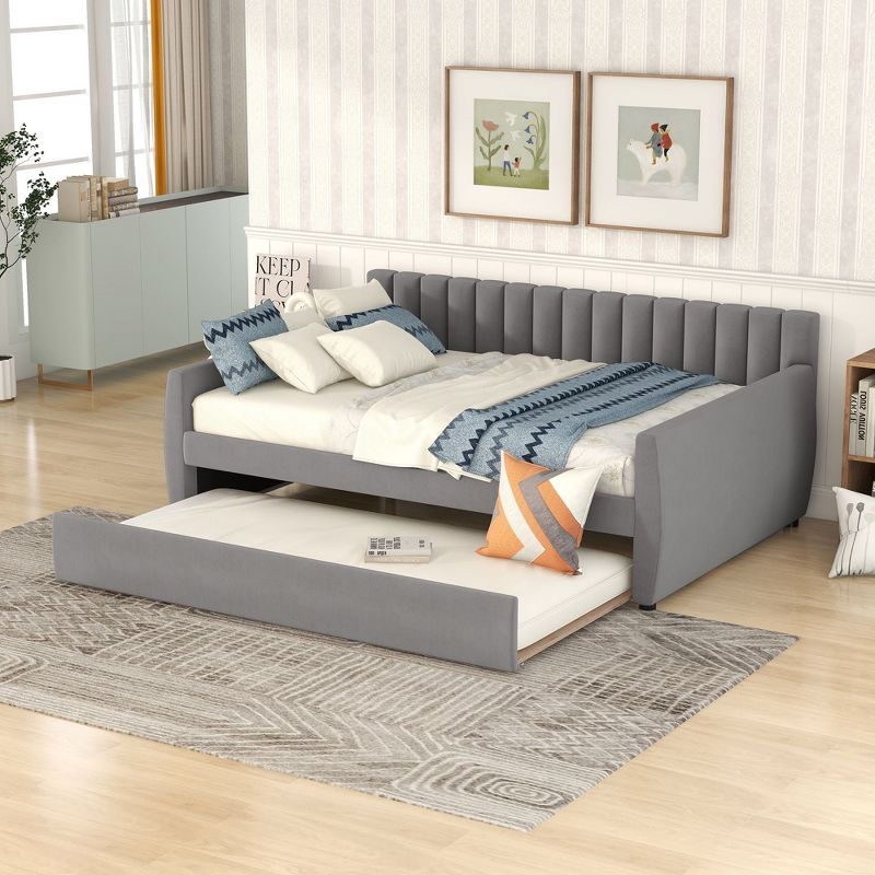 Sapphtopaz Daybed Full Size Bed Frame with Trundle Wood Slat Support Velvet Bedroom Furniture, Easy Assembly, No Box Spring Needed, Gray