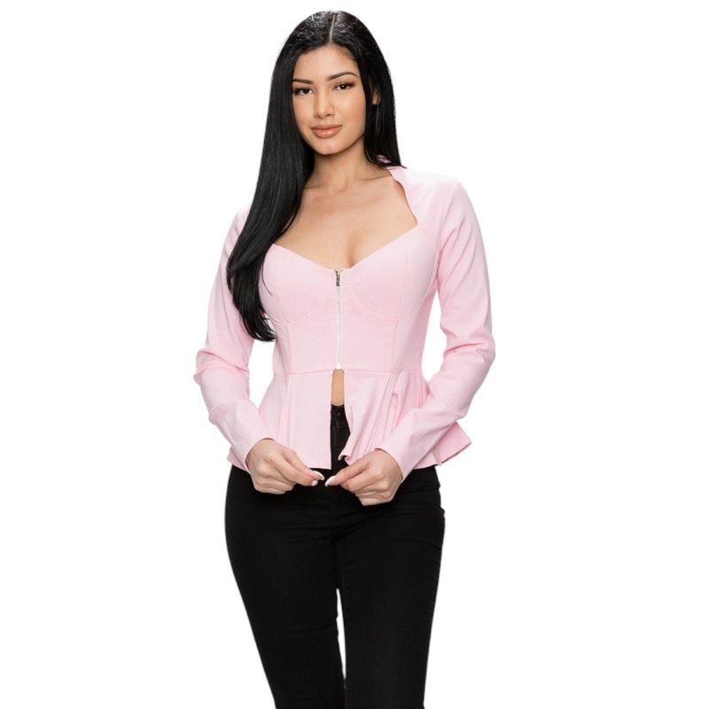 Slickblue Trendy Long Sleeve Ruffle Zip-Up Jacket for Women – Pink, Size Small