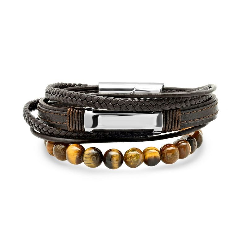 Steeltime Men's brown layered leather with stainless steel id bracelet and tiger eye beaded bracelet set of 2