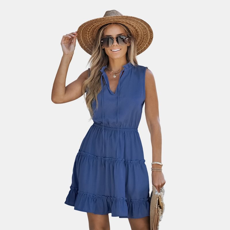 Women's Breezy Tiered Skirt Ruffled Neck Sleeveless Dress - Cupshe-M-Blue