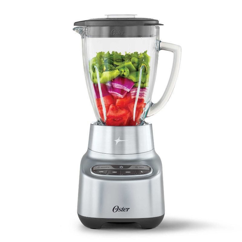Oster 2-in-1 One Touch Blender - Stainless Steel: Glass Jar, 6 Speeds, Smoothies, Ice Crush, Dishwasher-Safe Parts