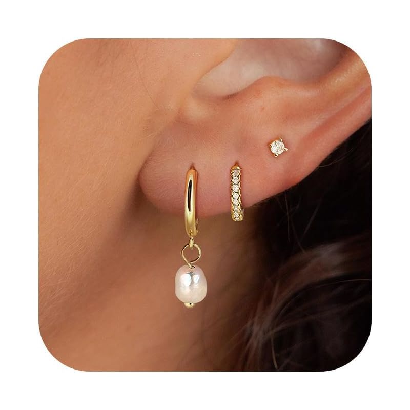 3-Pair Gold Huggie Hoop Earrings Set - CZ Stud, Dangle Pearl & Leaf Climber, Hypoallergenic Cartilage Everyday Jewelry Gold Pearl Set One Size