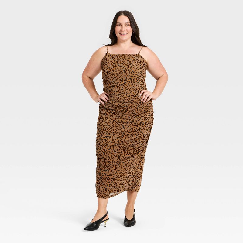 Women's Ruched Midi Slip Dress - A New Day™ Brown Leopard Print 4X