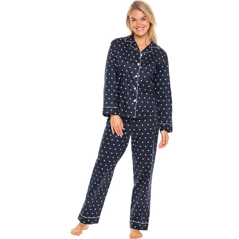 ADR Women's Lightweight Button Down Pajama Set, Long Cotton Pjs Black and White Polka Dot XL