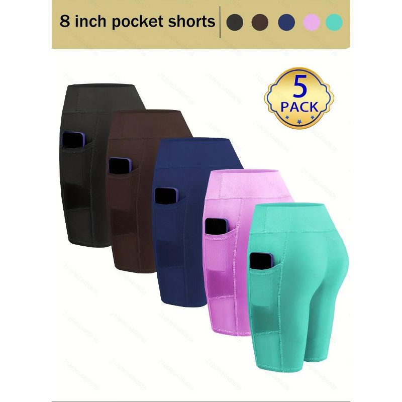 5 Pack Yoga Shorts Women's Sportswear 8 Inch Tummy Control Workout Running Gym Fitness Yoga Shorts with Pockets