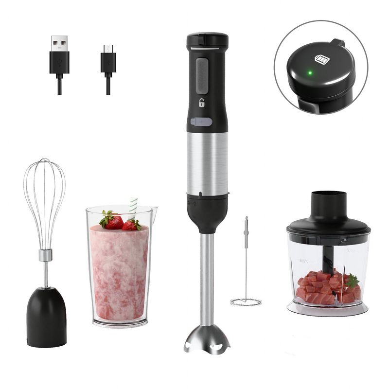 WHALL Cordless Hand Blender, 5-in-1 Immersion Blender with 2000mAh Battery, Beaker, Chopper, Whisk, Milk Frother