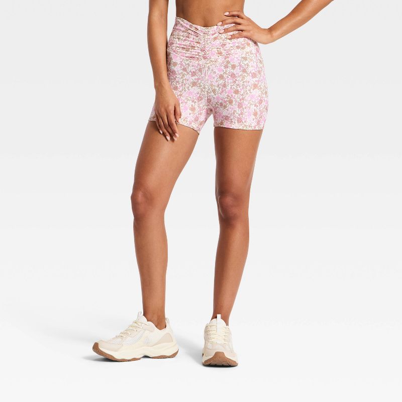 Women's Cinched Waistband Bike Shorts 3" - JoyLab™ Pink Floral L