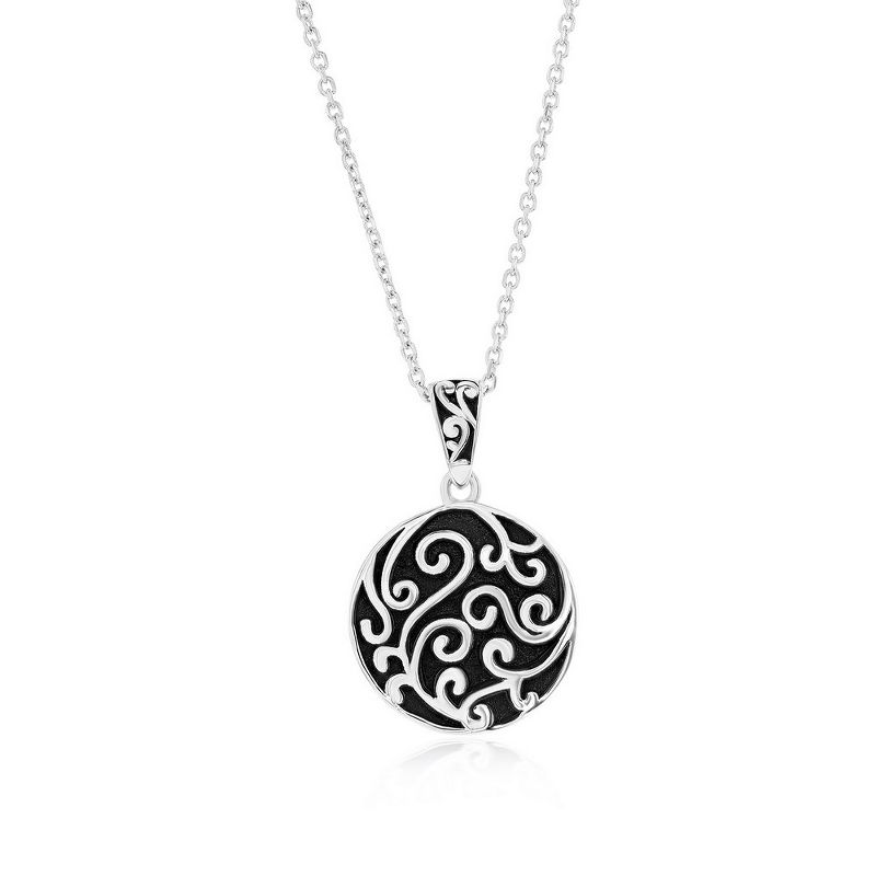 Bella Silver Sterling Silver, Oxidized Round Filigree Design 18" Pendant Necklace - Silver