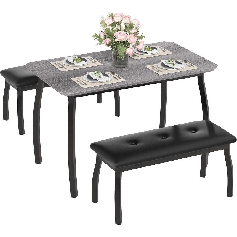 CuisinSmart Dining Table Set for 4, Kitchen Table with 2 Upholstered Bench, 3 Piece Dining Furniture Set for Small Space, Grey